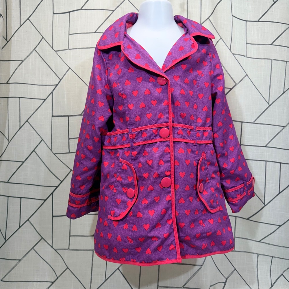London Fog Trench Coat‎ 6X Purple Red Heart Print Hooded Fleece Lined Jacket